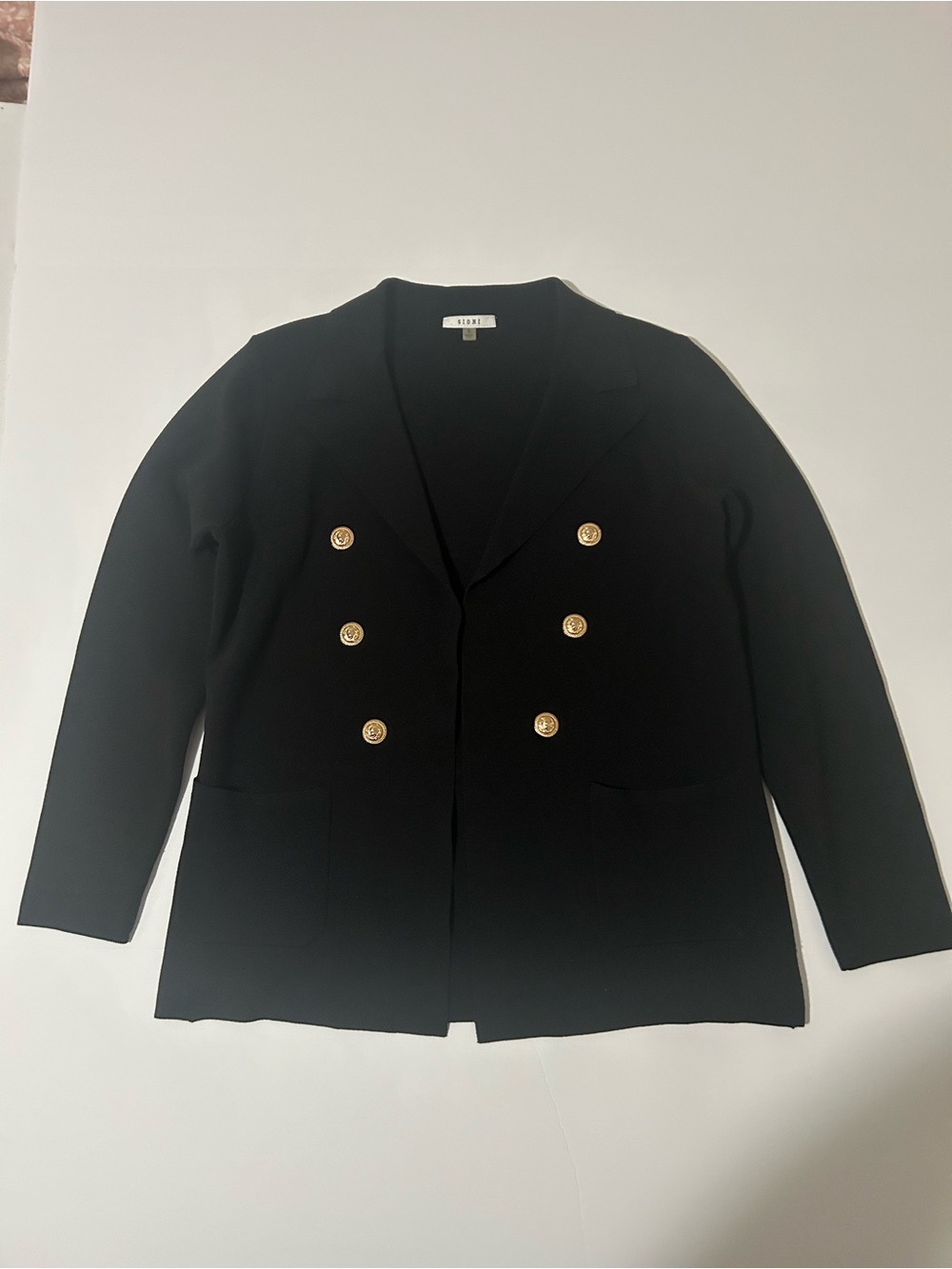 SIONI Women Small Black Knit Open Front Lion Crest Button Blazer Jacket